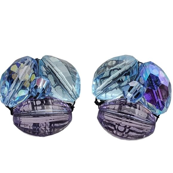 1960s Vogue Clip Earrings Blue Purple AB Beads Pastel Cluster Button Mid Century - Picture 2 of 7